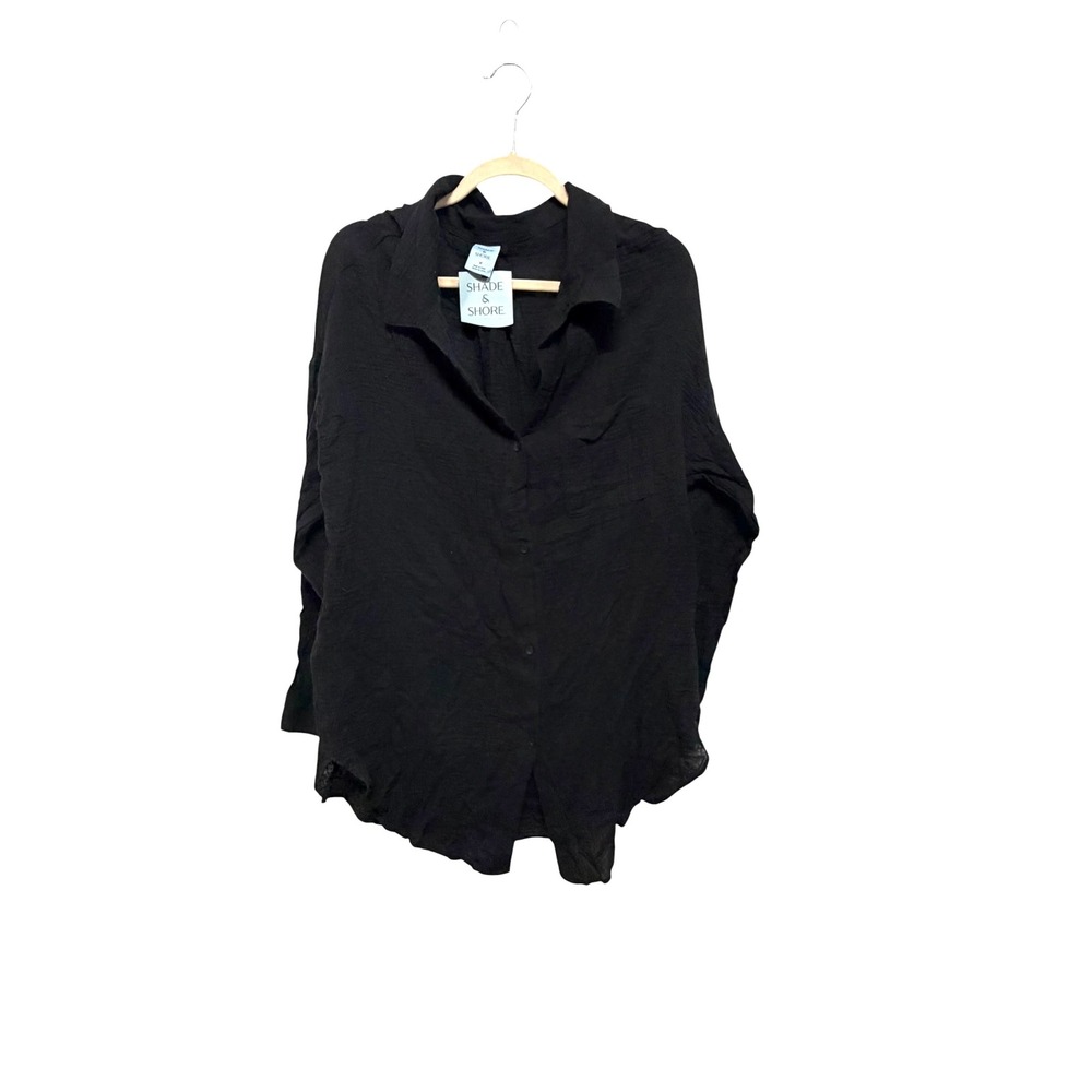NWT Shade & Shore Black Button Down Cover Up Shirt Dress M Cotton Beach Swim